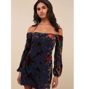 Lulus Navy Off the Shoulder Velvet Mini Dress NWT